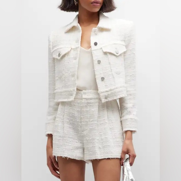 Alice + Olivia Chloe Tweed Cropped Blazer Jacket Size S Cream White Boucle - Picture 1 of 10